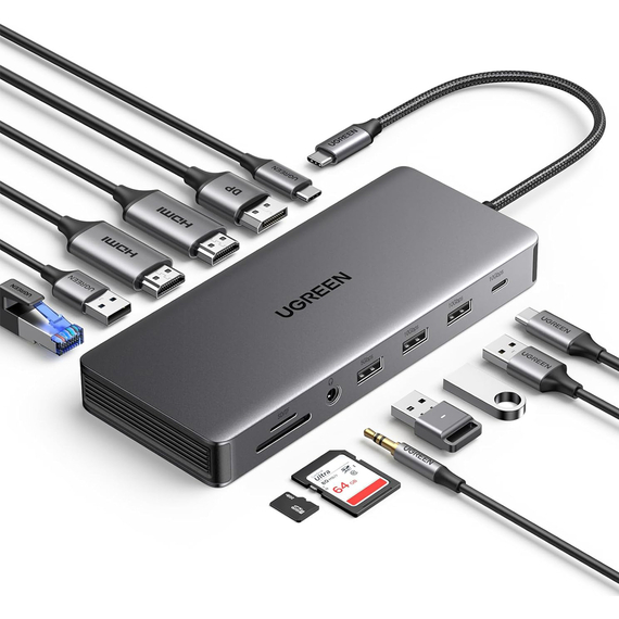 UGREEN HUB 13in1 USB-C la 2*HDMI (4K@60Hz)+DP+2*USB-A3.2+USB-C3.2+2*USB-A3.0+SD/TF+GigabitRJ45+3.5mm+PD(100W) | CM681, Gri spațial, 2 image