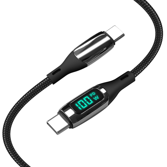 Helmet Cable Type-C to Type-C 100W 1.2m LED Display Series, negru