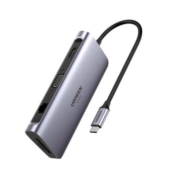 UGREEN HUB 10in1 Type-C 3.0 la 3*USB 3.0 + HDMI + VGA + Gigabit RJ45 +SD/TF + 3.5mm Audio PD 100W CM681, Gri Spațiu
