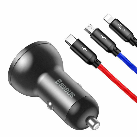 Baseus Încărcător auto 2xUSB Fast Charge 24W (cu cablu 3 în 1), Black Suit Grey, 2 image