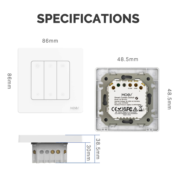 Moes Zigbee + RF Star Ring Curtain Switch 3A (Neutral Required), White, 3 image