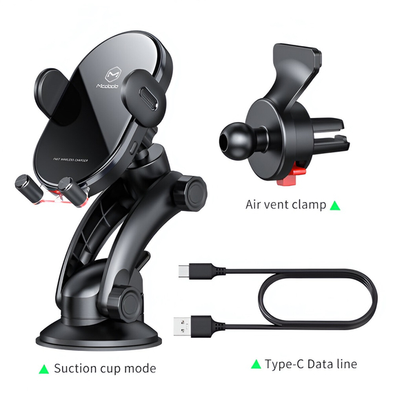 Mcdodo Wireless Charger Car Mount 15W Suction Cup Mount*1, Air Vent Clamp*1 Space Series, Black, 2 image