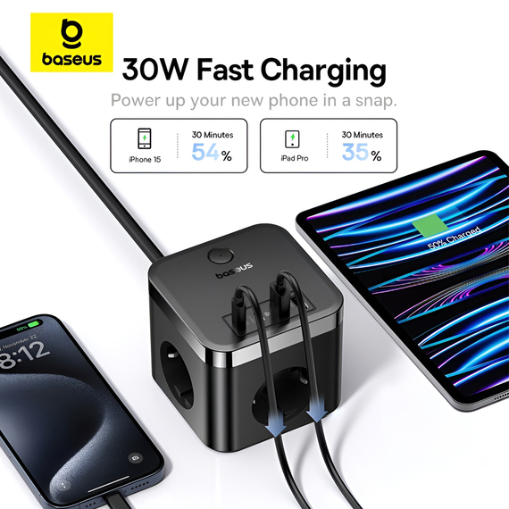Baseus Power Strip Cube 30W 3AC+2*USB-A+2*Type-C 1,5M, PowerCombo Cube, Cluster Black, 2 image