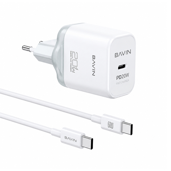 BAVIN Wall Charger PD 20W Fast Charge + Cable Type-C to Type-C, White