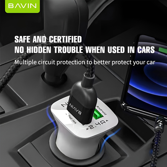 BAVIN Car Charger Dual USB 2.4A, Intelligent Output, White, 2 image