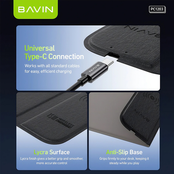 BAVIN Office Essential Mouse Pad with 15W Wireless Charger, Smart Safety Chip, Black, 2 image