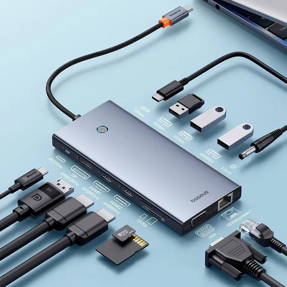 Baseus HUB 13in1 Type-C to USB-C to HDMI 4K@60Hz*2+DP 4K@60Hz*1+VGA*1+USB3.1*2+Type-C3.1*1+USB2.0*1+PD*1+RJ45*1+SD/TF*1+3, PortalJo Series, Space Gray, 2 image