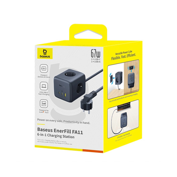 Baseus Power Strip Cube 67W 3AC+1*USB-A+1*Type-C 1,5M, EnerFill FA11, Cosmic Black, 3 image