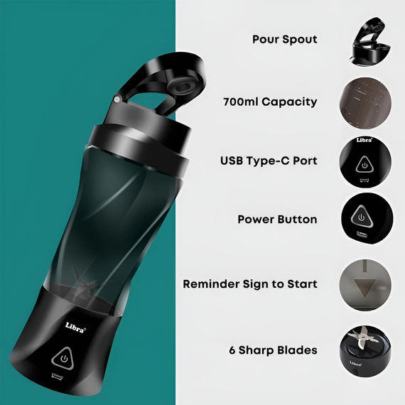 Libra Portable Blender Large Capacity USB-C 95x95x280mm, Black, 3 image