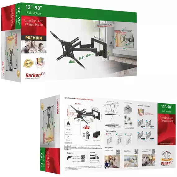 Wall Mount Barkan ''BM564L'' Black 55"-100" Full Motion Gaint TVt, max.70kg, VESA mm: up to 800x600m, 3 image