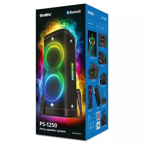 Partybox SVEN "PS-1250" 300W, TWS, IPx4, Bluetooth, FM, USB, microSD, LED-display, 13500mA*h, Black, 2 image