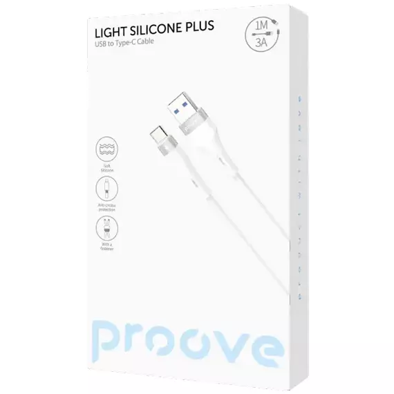 Cablu USB (Type-C), Proove Light Silicone Plus USB to Type-C 3A (1m), White, 2 image