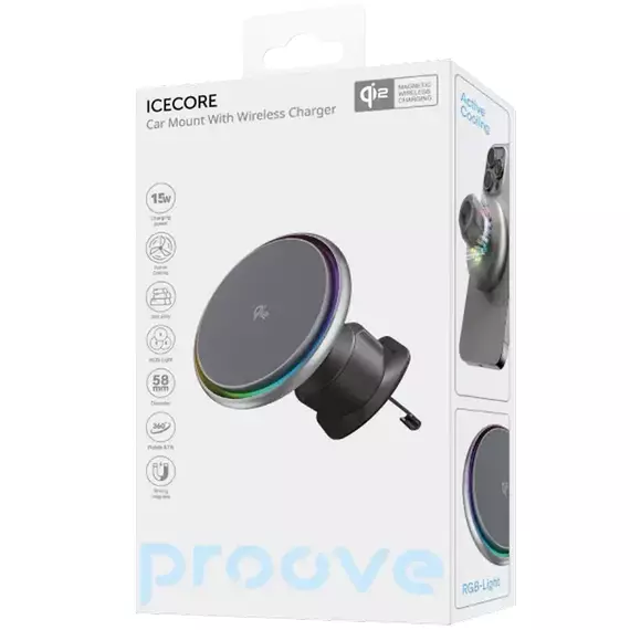 Car Mount With Wireless Charger Proove Icecore Qi2 15W, Gray, 5 image