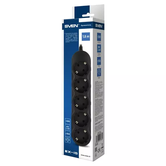 Prelungitor electric SVEN EX-I5, 5 Prize, 1,8m, Negru, 4 image