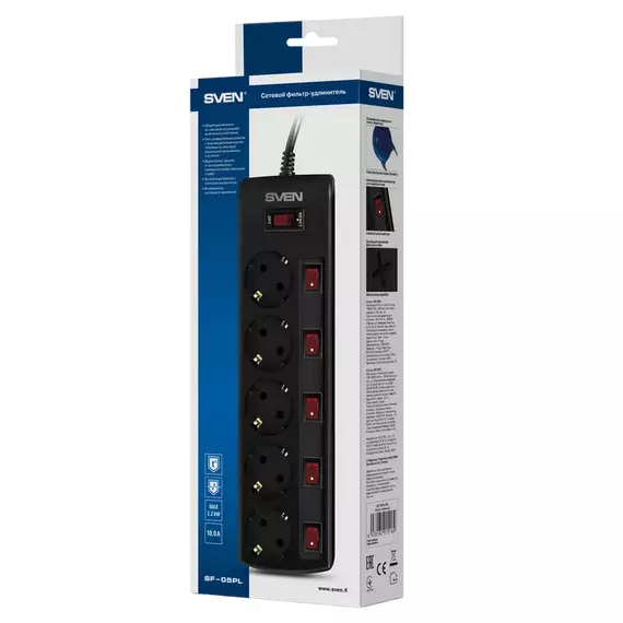 Prelungitor electric SVEN SF-05PL, 5 Prize, 1,8m, Negru, 4 image