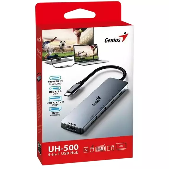 USB-C Hub 5-in-1: 100W PD x1, USB-C 3.0 x1, USB-A 3.0 x2, HDMI x1, Genius UH-500, Gray, 4 image