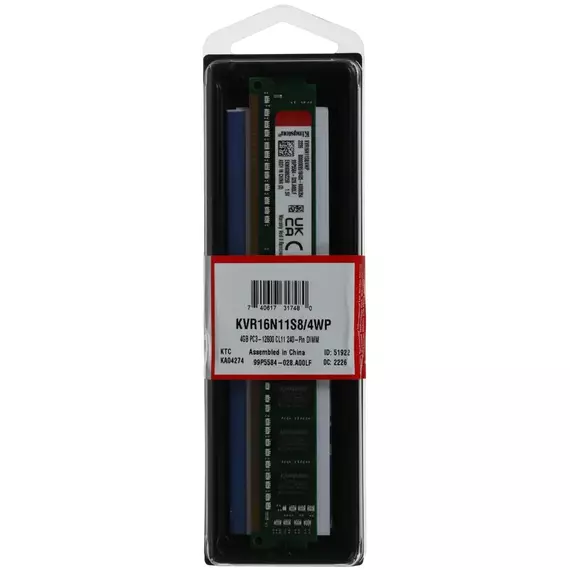 Memorie RAM Kingston ValueRAM, DDR3 SDRAM, 1600 MHz, 4 GB, KVR16N11S8/4WP, 2 image