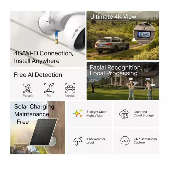 TP-Link Outdoor TAPO C665G KIT, 4K 8Mpix, IP65, Pan/Tilt, 4G/LTE, Battery Powered Security Camera +, 8 image