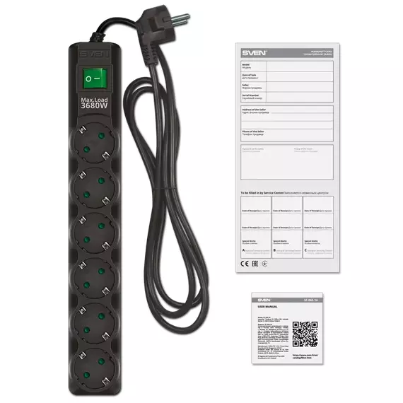 Prelungitor electric SVEN SF-06E-16, 6 Prize, 3m, Negru, 5 image
