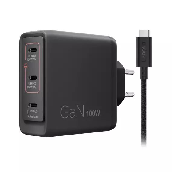 Lenovo USB-C Multi-port 100W GaN Charger, 3xUSB-C; (WxDxH): 70x70x30.5 mm, Weight: 240 g., USB-C cab