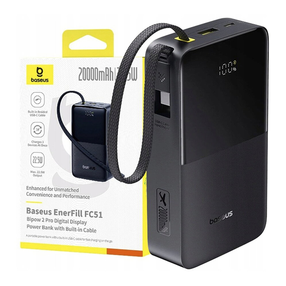 Baseus Power Bank 20000mAh 22,5W with Cable Type-C 0.3m, EnerFill FC51 Bipow 2 Pro Digital Display, Cosmic Black, 2 image