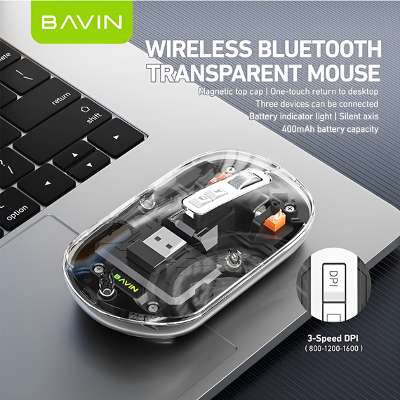 BAVIN Wireless Transparent Mouse, Dual Mode (Bluetooth + 2.4G), 400mAh Battery, Silent Design, Black, 2 image