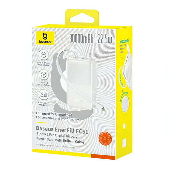 Baseus Power Bank 30000mAh 22,5W with Cable Type-C 0.3m, EnerFill FC51 Bipow 2 Pro Digital Display,  Moon White, 2 image