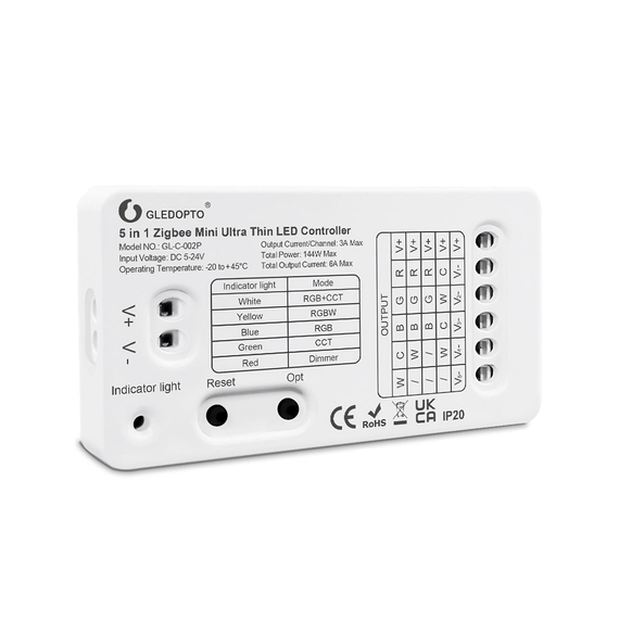 Gledopto ZigBee Pro Ultra Thin Mini 5in1 LED Strip Controller CCT/RGB/RGBW/RGBCCT/Single Color (GL-C-002P(6A/CH)), DC5~24V, 6A/CH, max 144W output