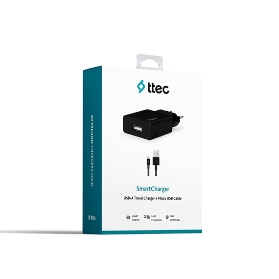 ttec Wall Charger with Cable USB to Micro USB 2.1A (1.2m) Smart Travel, Black, 2 image