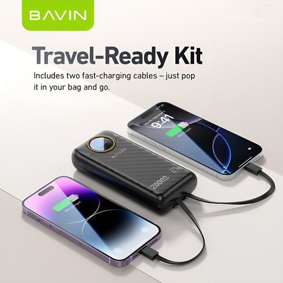 BAVIN Power Bank 20000mAh, 22.5W Fast Charging, Built-in Dual Cables, LED Display, Black, 2 image