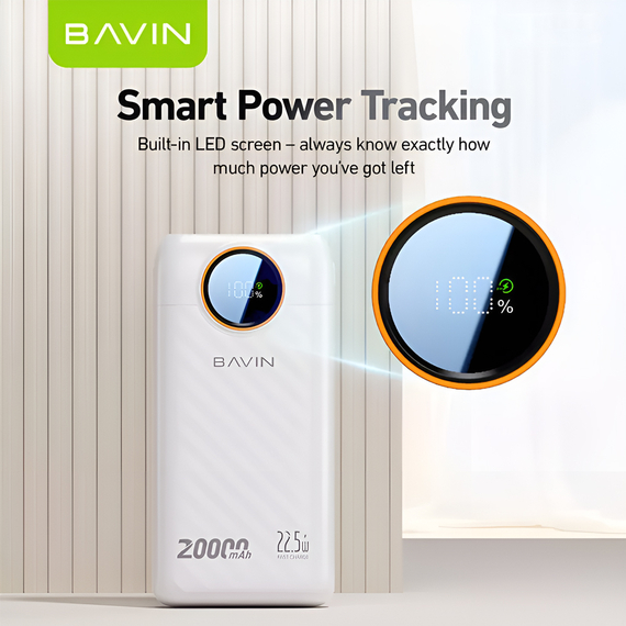 BAVIN Power Bank 20000mAh, 22.5W Fast Charging, Built-in Dual Cables, LED Display, White, 2 image