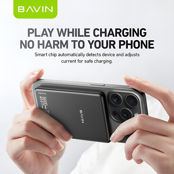 BAVIN Magnetic Wireless Power Bank 5000mAh, 15W MagSafe Compatible, Ultra-Slim, Grey, 2 image