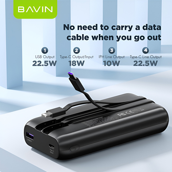 BAVIN Power Bank 20000mAh, 22.5W Fast Charging, Built-in Type-C & Lightning Cables, Black, 2 image
