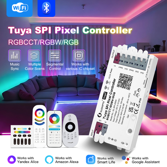 Gledopto Tuya Wi-Fi Pixel LED controller RGB/RGBW/RGBCCT (GL-SPI-206W), DC5~24V, 2*Channels, output signal SPI(TTL)×2 800Kbs, total max 15A output, 2 image