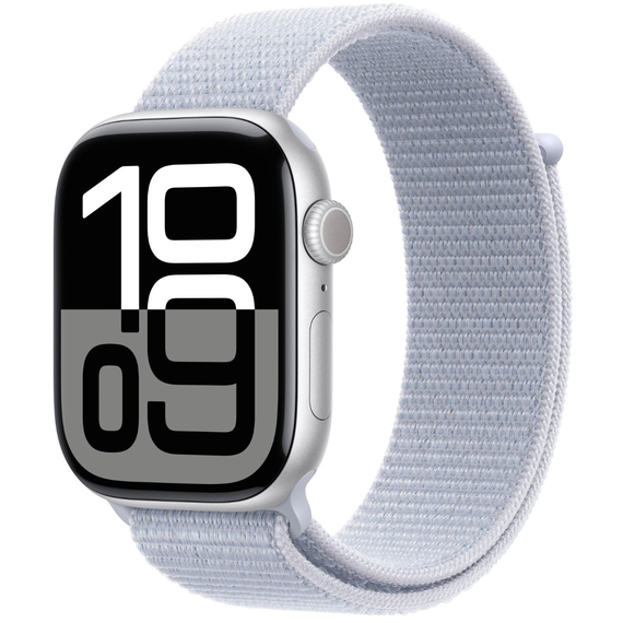 Apple Watch Series 10 GPS, 46mm Silver Aluminium Case with Blue Cloud Sport Loop, MWWN3