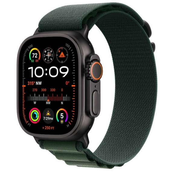 Apple Watch Ultra 2 GPS + Cellular, 49mm BlackTitanium Case with Dark Green Alpine Loop - Medium, MX4R3
