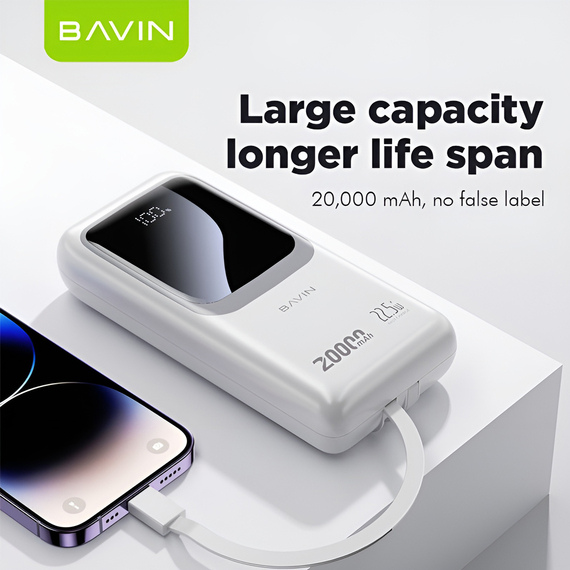 BAVIN Power Bank 20000mAh, 22.5W Fast Charging, Built-in Type-C & Lightning Cables, White, 2 image