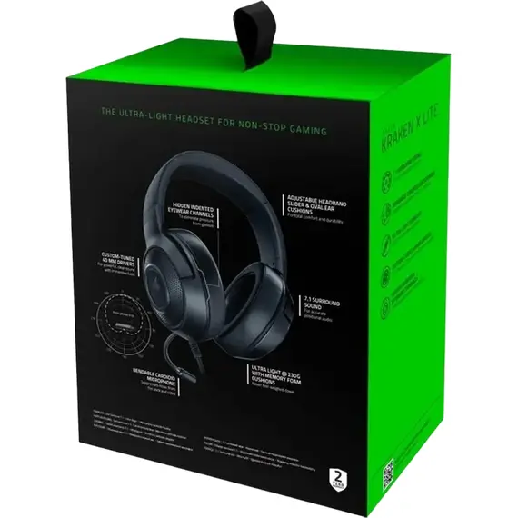Gaming Headset Razer Kraken X Lite, 40mm drivers, 12-28kHz, 32 Ohm, 109db, 230g, Cardioid microphone, v7.1, 1.3m, 3.5mm, Black  , 10 image