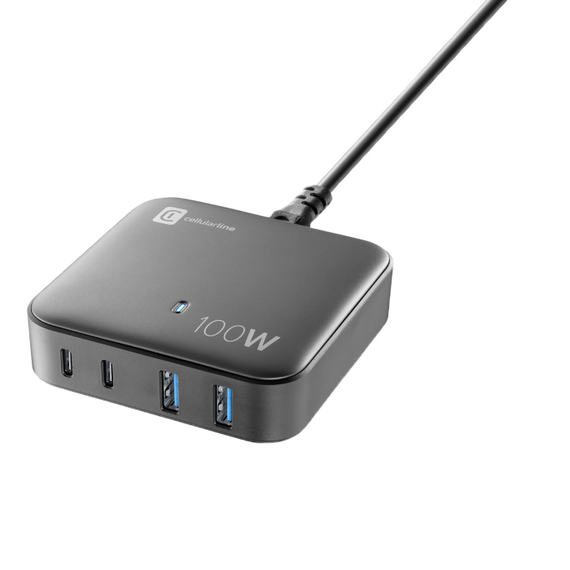 Încărcător Cellularline Wall Charger GAN, 4 Ports, 100W, 100W, Negru, 2 image