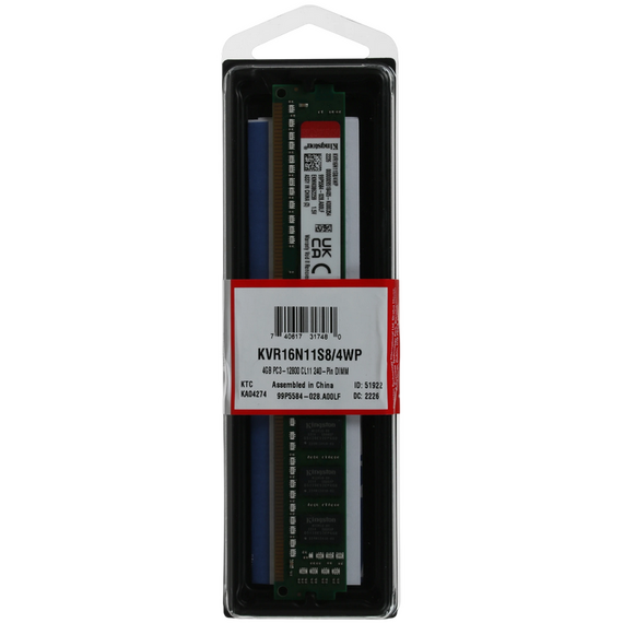 Memorie RAM Kingston ValueRAM, DDR3 SDRAM, 1600 MHz, 4 GB, KVR16N11S8/4WP, 2 image