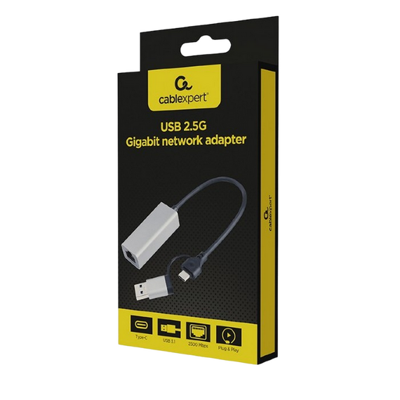 Adaptor de rețea Cablexpert A-USB3AC-LAN2G-01, USB Type-A (M) - USB Type-C (F), 0,15m, Gri, 2 image
