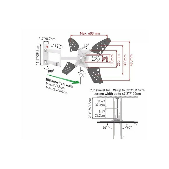 Suport TV de perete BARKAN 3400LW, Alb, 6 image